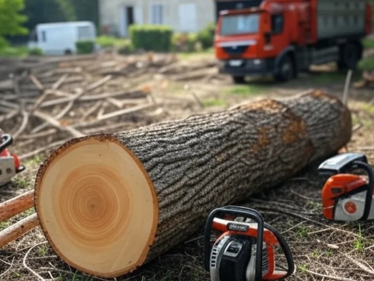 Arbre abattu après élagage, avec des outils professionnels au sol et un camion en arrière-plan - Paysagiste Tours (37)