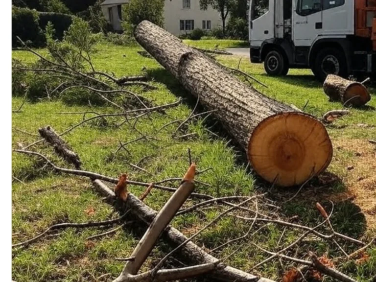 Arbre abattu avec des outils de travail au sol et un camion de service en arrière-plan - Paysagiste Tours (37)