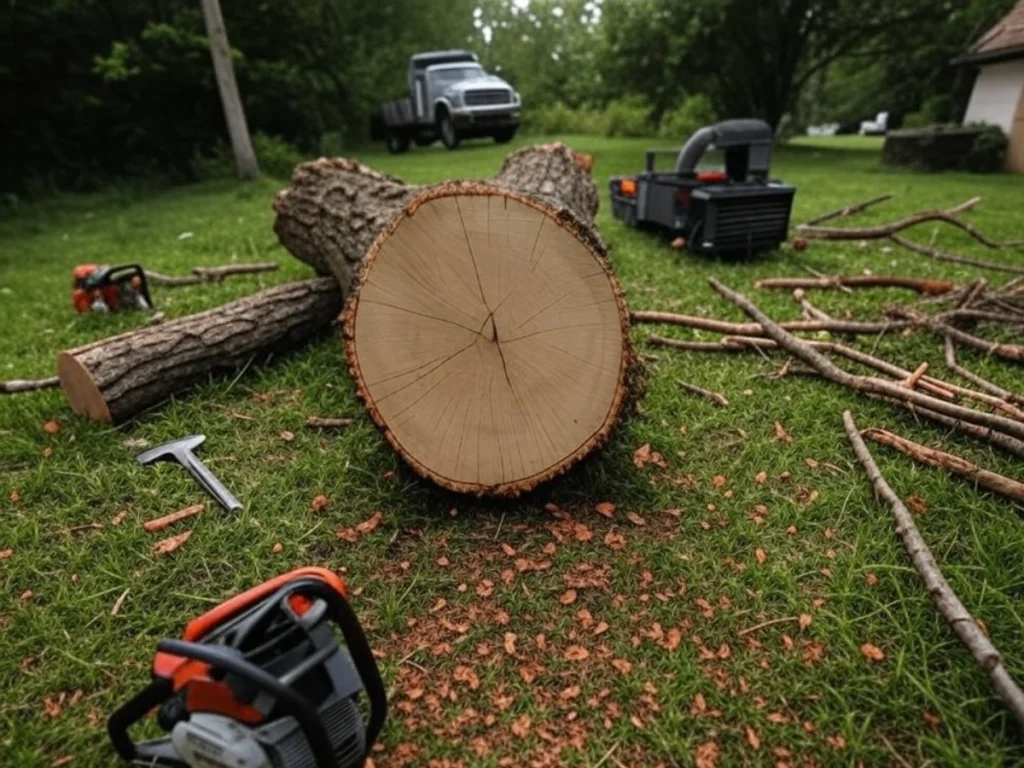 Vue d'un arbre tombé après abattage, avec des outils et un camion à proximité - Paysagiste Tours (37)