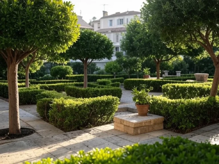 Jardin avec allée en pierre, arbres sains et haies soigneusement taillées - Paysagiste Tours (37)