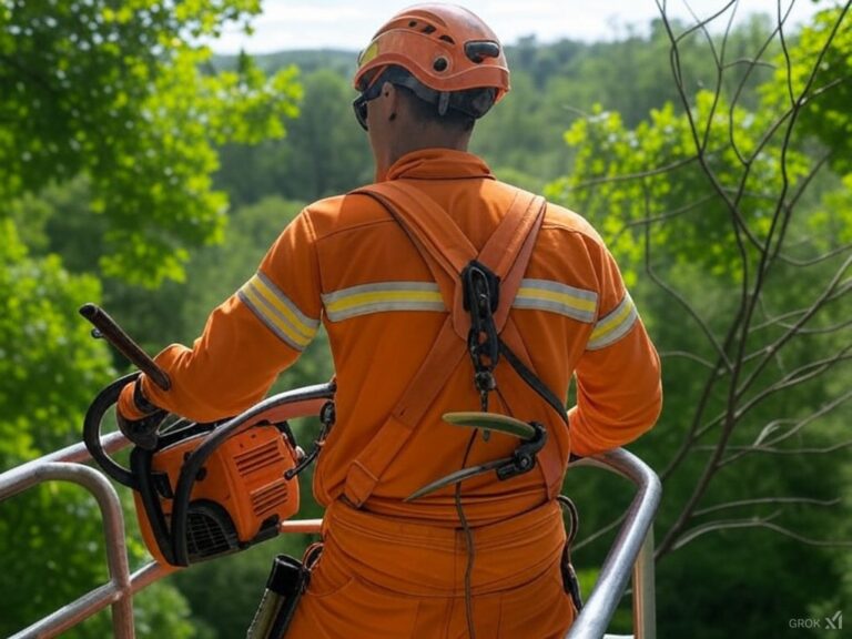 Élagueur en nacelle, équipé d'une combinaison orange et d'un casque, réalisant des travaux d'élagage en hauteur - Paysagiste Tours (37)