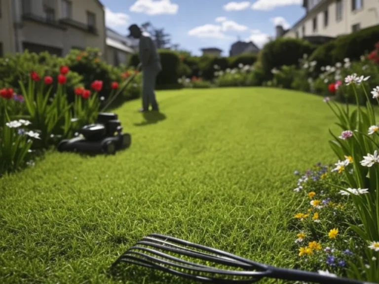 Jardin avec une pelouse fraîchement tondue, offrant un aspect soigné et verdoyant - Paysagiste Tours (37)